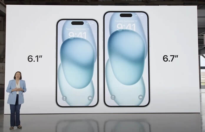Модель iPhone 15 с экраном 6,1 дюйма, версия 15 Plus - с 6,7 дюйма.